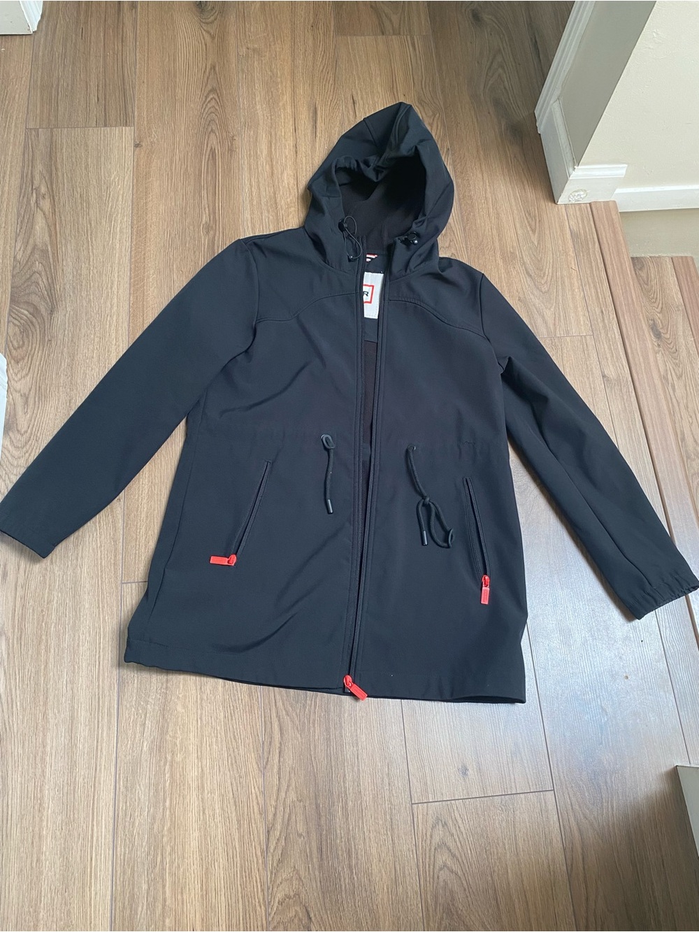 Hunter Black Hooded fleece lined rain Jacket with Red Trim